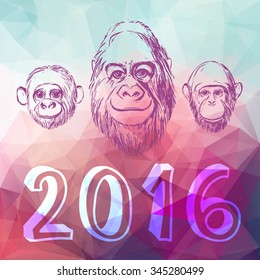 Postcard with hand drawn monkeys on abstract triangle background