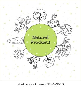 Postcard with hand drawn sketch with different plants: orange tree, cactus, thuja, asian bonsai tree. Natural products. Vector illustration. funny kids style. 