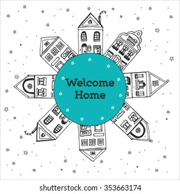 Postcard with hand drawn sketch of typical cartoon and Amsterdam houses with big windows and wavy roofs on round template Welcome HOME decorated with stars.Vector stock illustration.