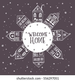 Postcard with hand drawn sketch of typical Amsterdam houses with big windows and wavy roofs on round template BEST SALE decorated with stars. Banner for shops. Red background. Vector illustration.