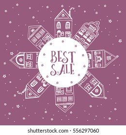 Postcard with hand drawn sketch of typical Amsterdam houses with big windows and wavy roofs on round template BEST SALE decorated with stars. Banner for shops. Red background. Vector illustration.