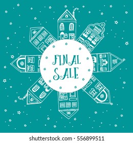 Postcard with hand drawn sketch of typical Amsterdam houses with big windows and wavy roofs on round template BEST SALE decorated with stars. Banner for shops. Red background. Vector illustration.