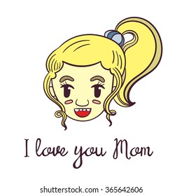 Postcard with hand drawn smiling girl. Vector illustration.