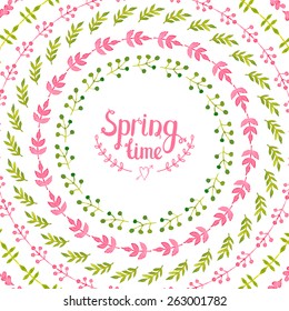 Postcard with hand drawn watercolor floral wreaths and hand lettering Spring time. Watercolor frames and borders, template for design.