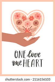 A postcard with a hand holding a flower heart and a handwritten phrase - One love one heart. A symbol of love, romance, Valentine's Day. Color vector illustration isolated on a white background.