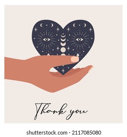 A postcard with a hand holding a heart with celestial and boho symbols, the moon, eyes, stars. Mystical, esoteric vector illustration isolated on a white background