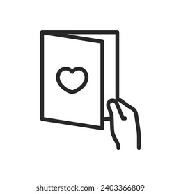 Postcard in Hand Icon - Linear Vector Pictogram Symbolizing Sympathy Communication, Hand-Holding Valentines Greeting Card, Love Mail Delivery and Romantic Message.