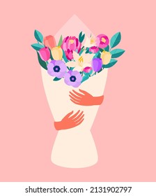 Postcard with hands hugging a bouquet of flowers.The concept of Valentine's day love relationships, international women's day March 8 mother's day.Vector template for card poster flyer and other users