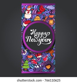 postcard with handwritten inscription happy new year with winter elements, vector illustration