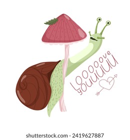 Postcard with handwritten lettering and snail in love for valentine's day. Vector poster typography design. White background.
