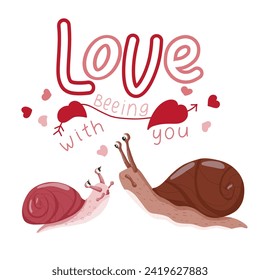 Postcard with handwritten lettering and snails in love for valentine's day. Vector poster typography design. White background.