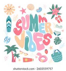 Postcard with Handwritten text of Summer Vibes inscription in circle shape, 70s hippie graphic, tropical seaside vacation design elements, poster. Trendy retro style, groovy vector illustration