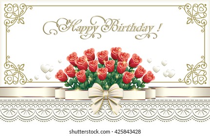 Postcard Happy Birthday with a bouquet of roses in a frame with an ornament