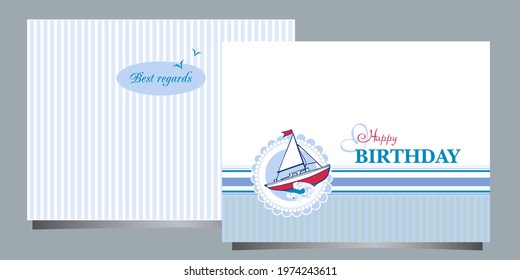 Postcard Happy Birthday card with 
boat, marine motives