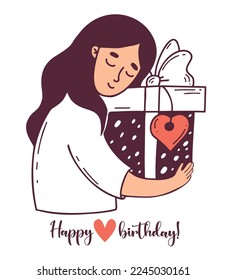 Postcard happy birthday. Cute woman with big gift box. Vector illustration in style doodle. Female holiday character for design