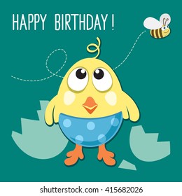 postcard happy birthday, funny chicken hatching from eggs, vector greeting card with chicken
