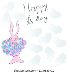 Postcard Happy Birthday with hare with bouquet of flowers