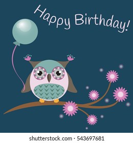 Postcard Happy Birthday with owl and balloon on a night background.