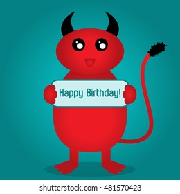 Postcard Happy birthday! Red abstract cute monster with a tail and horns is holding a plate.