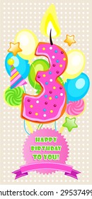 postcard happy birthday, three years, vector illustration