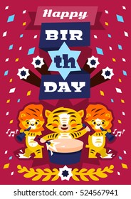 Postcard Happy Birthday with tiger cub plays drums. Designed for printing invitations and congratulations. Lion cub playing on flute. Music Orchestra. African animals. Letters, fireworks.