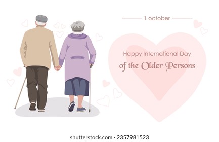 Postcard Happy  Day of the Older Persons, elderly couple holding hands, with an inscription. Vector design