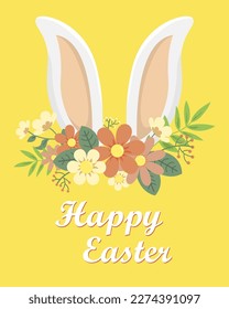 A postcard for a Happy Easter. Bouquet of spring flowers with rabbit ears. Colorful vector illustration