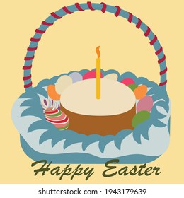 Postcard happy easter gift picture. Basket with eggs and cake. Vector cartoon illustration. 