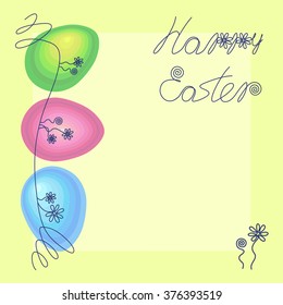 Postcard with Happy Easter greeting. Three beautiful multi-colored easter eggs.