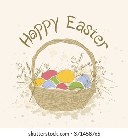 Postcard Happy Easter. Painted basket with colored eggs. Vector
