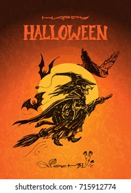 Postcard - happy Halloween! black witch, bat and owl on an orange background. Isolated vector for design of posters and greeting cards for Halloween
