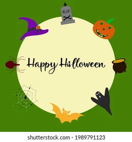 postcard happy halloween on the green background with pumpkin spider hat and potion