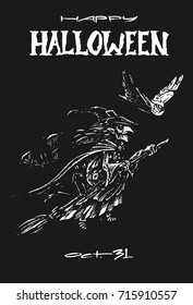 Postcard - happy Halloween! white chalk on a black board sketch witch, bat and owl. Isolated vector for design of posters and walls for Halloween