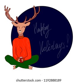 A postcard of happy holidays, a deer in a sweater is drinking tea.