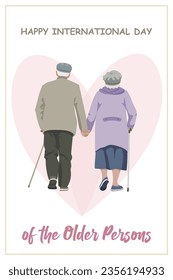 Postcard happy international day of the elderly, Elderly couple walking holding hands with walking sticks, flat style vector illustration