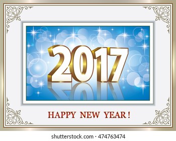 Postcard Happy New Year 2017 in frame with an ornament