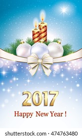 Postcard Happy New Year 2017 with balls and candles on a blue background with stars