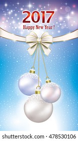 Postcard Happy New Year 2017 on a blue background with balls and bow