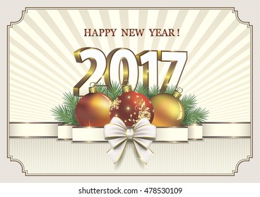 Postcard Happy New Year 2017 with baubles and ribbon on background of sun rays