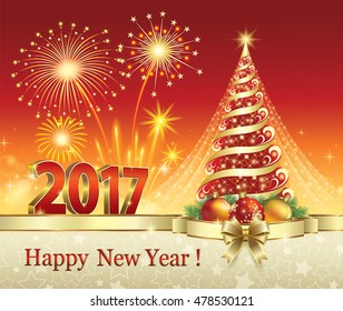 Postcard Happy New Year 2017 with a Christmas tree on a red background with fireworks