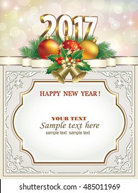 Postcard Happy New Year 2017 with balls and bells in a frame with an ornament