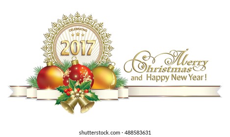 Postcard Happy New Year 2017 with balls and bells on a white background