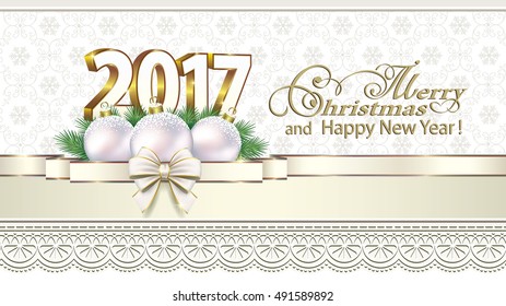 Postcard Happy New Year 2017 with balls and a ribbon with a bow on a background ornament