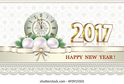 Postcard Happy New Year 2017 with clock and balls on the background of the ornament