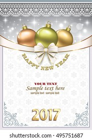 Postcard Happy New Year 2017 with balls and a ribbon with a bow in the frame with an ornament