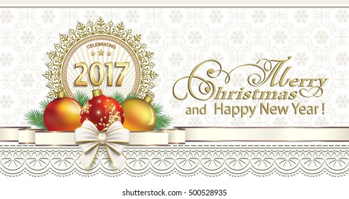 Postcard Happy New Year 2017 with ball and a ribbon with a bow on a background ornament