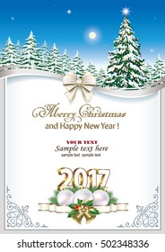 Postcard Happy New Year 2017 with a Christmas tree in the background of nature in a frame with an ornament