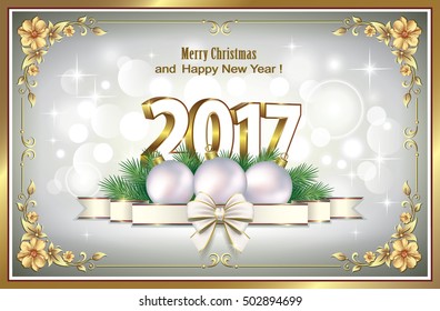 Postcard Happy New Year 2017 with a ball and a ribbon with a bow in a frame with floral patterns