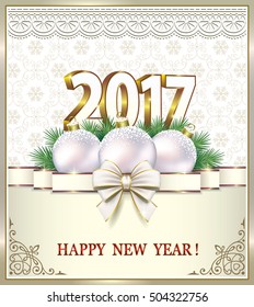 Postcard Happy New Year 2017 with ball and a ribbon with a bow in the frame with an ornament