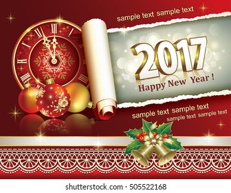 Postcard Happy New Year 2017 on a red background with an ornament